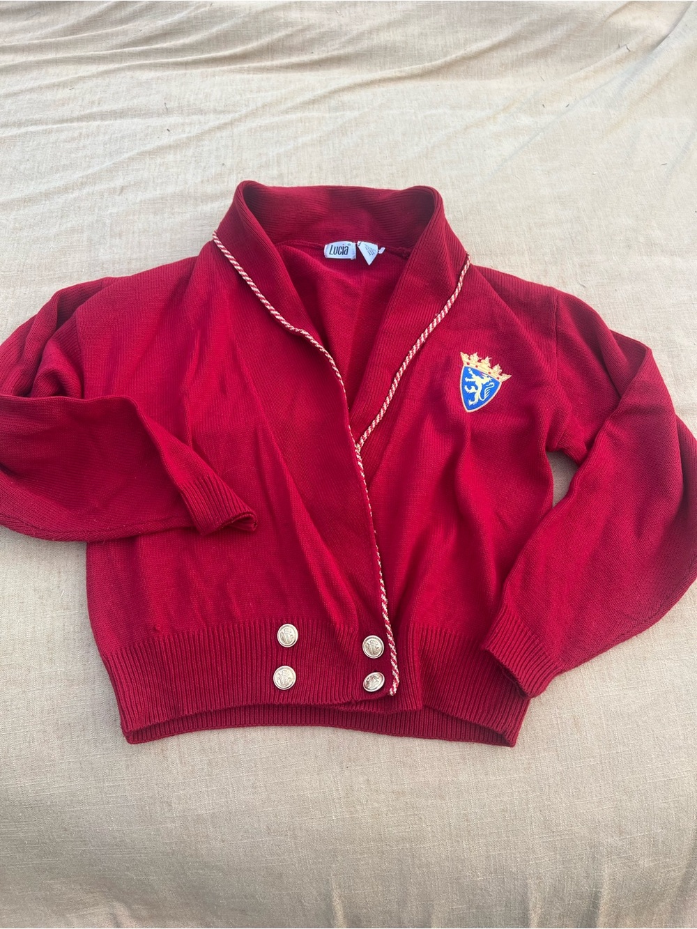 Vintage Lucia Red/Gold Shawl Collar Acrylic Sweater w/Crest Size S